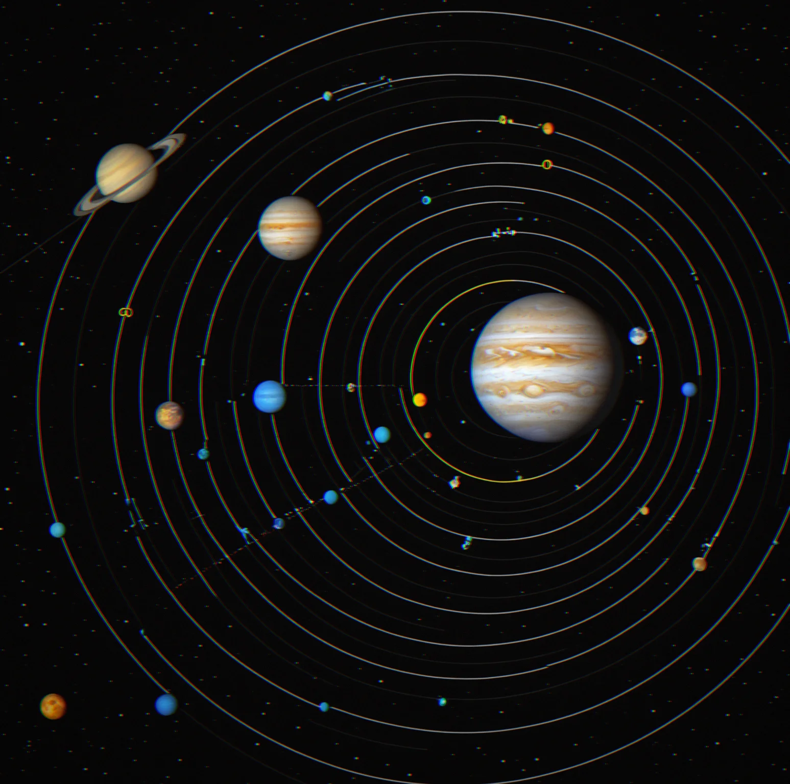 Visualization of gravitational spheres of influence around Jupiter, Saturn and Mars with overlapping zones marked in gradient