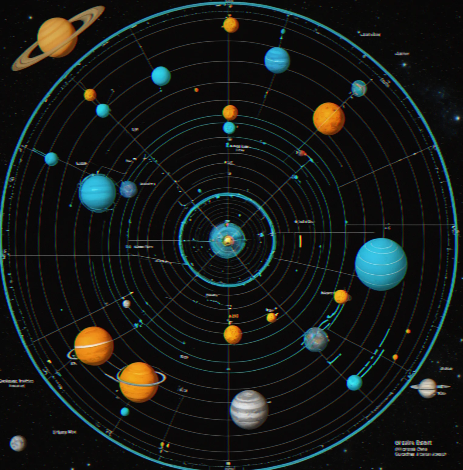 Multiplayer match map showing five players' satellites distributed around Moon, Jupiter and asteroid belt regions