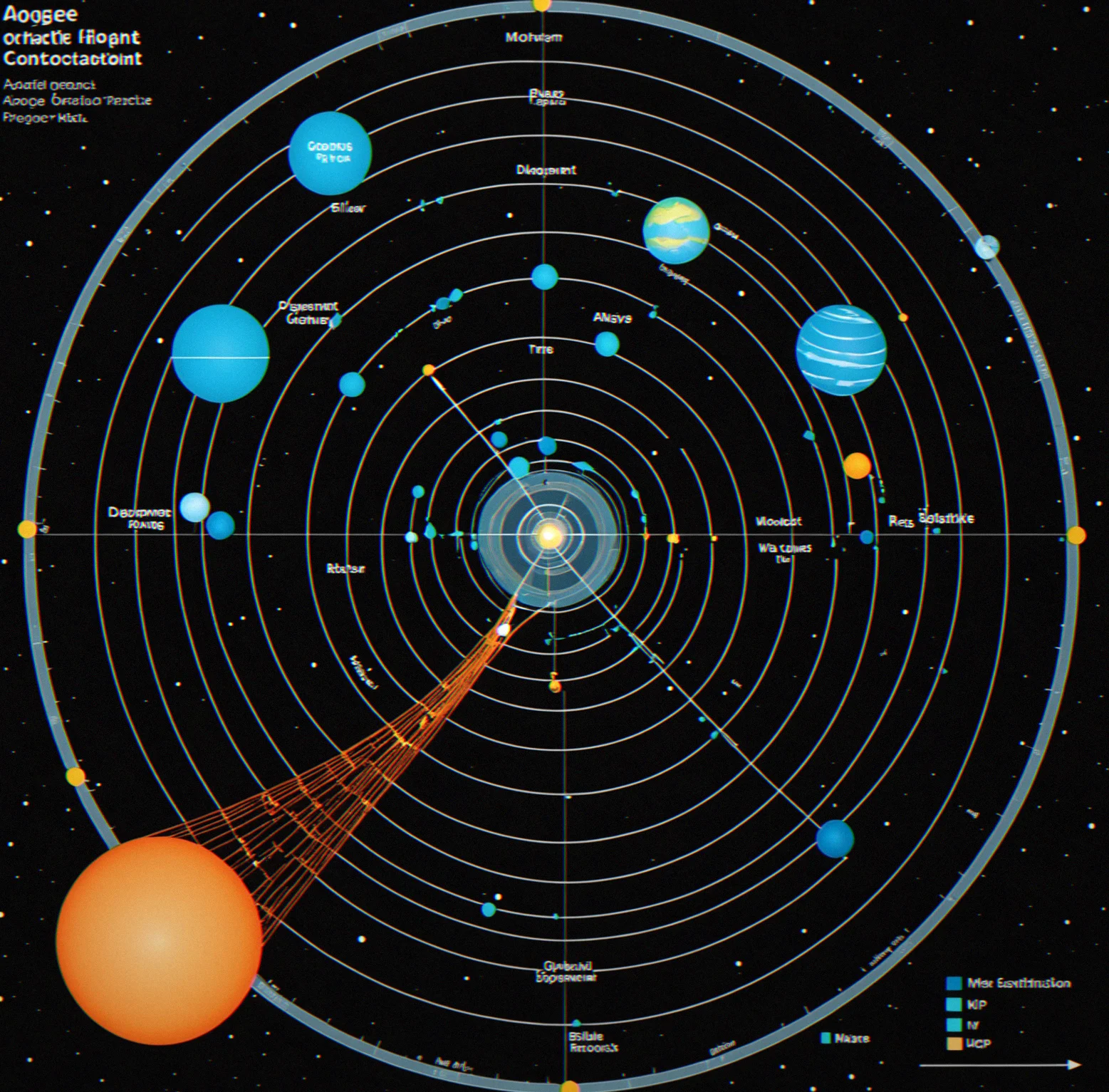 Orbital mechanics diagram showing elliptical orbit with apogee and perigee labeled and adjustment vectors displayed