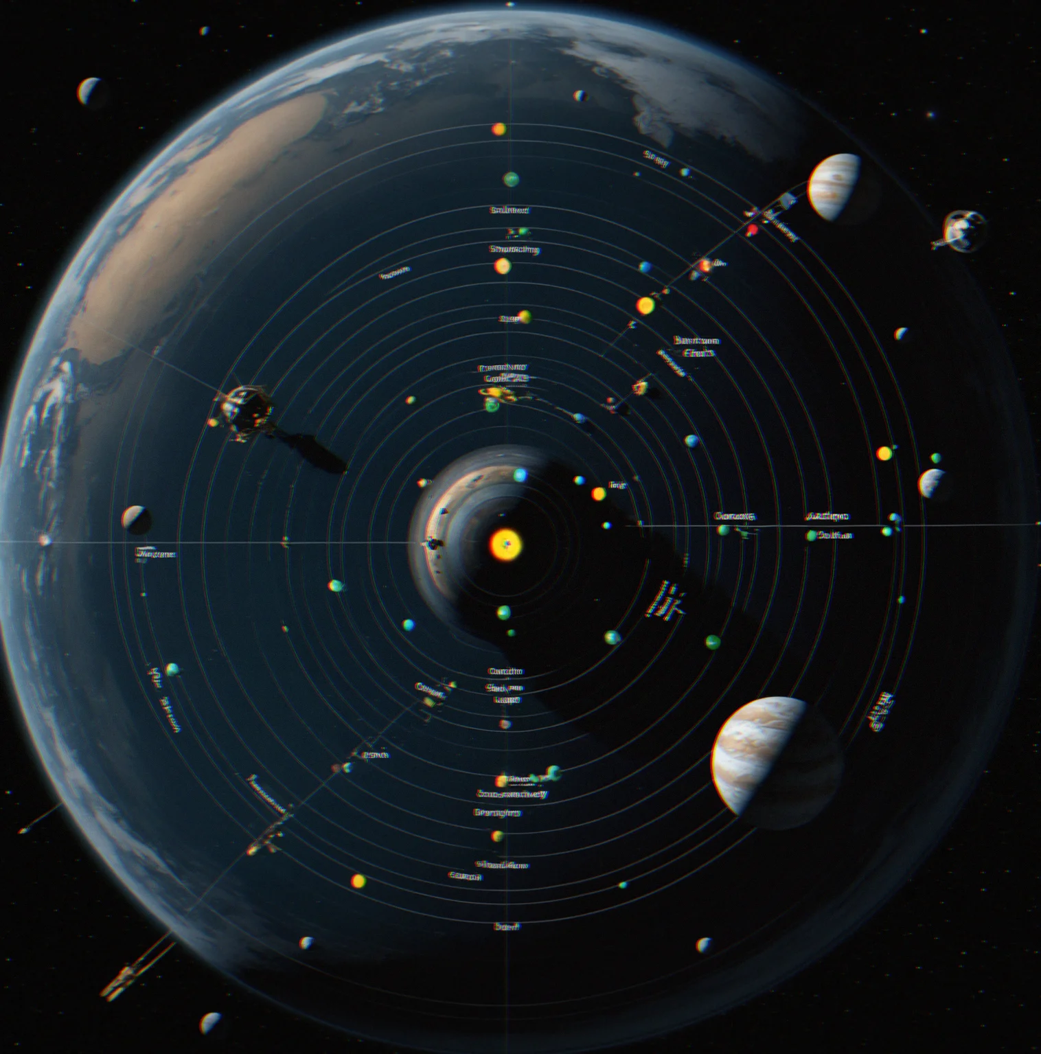 Multiplayer competitive map showing five players' satellites positioned around Jupiter, Saturn, and the asteroid belt with gravitational zones highlighted