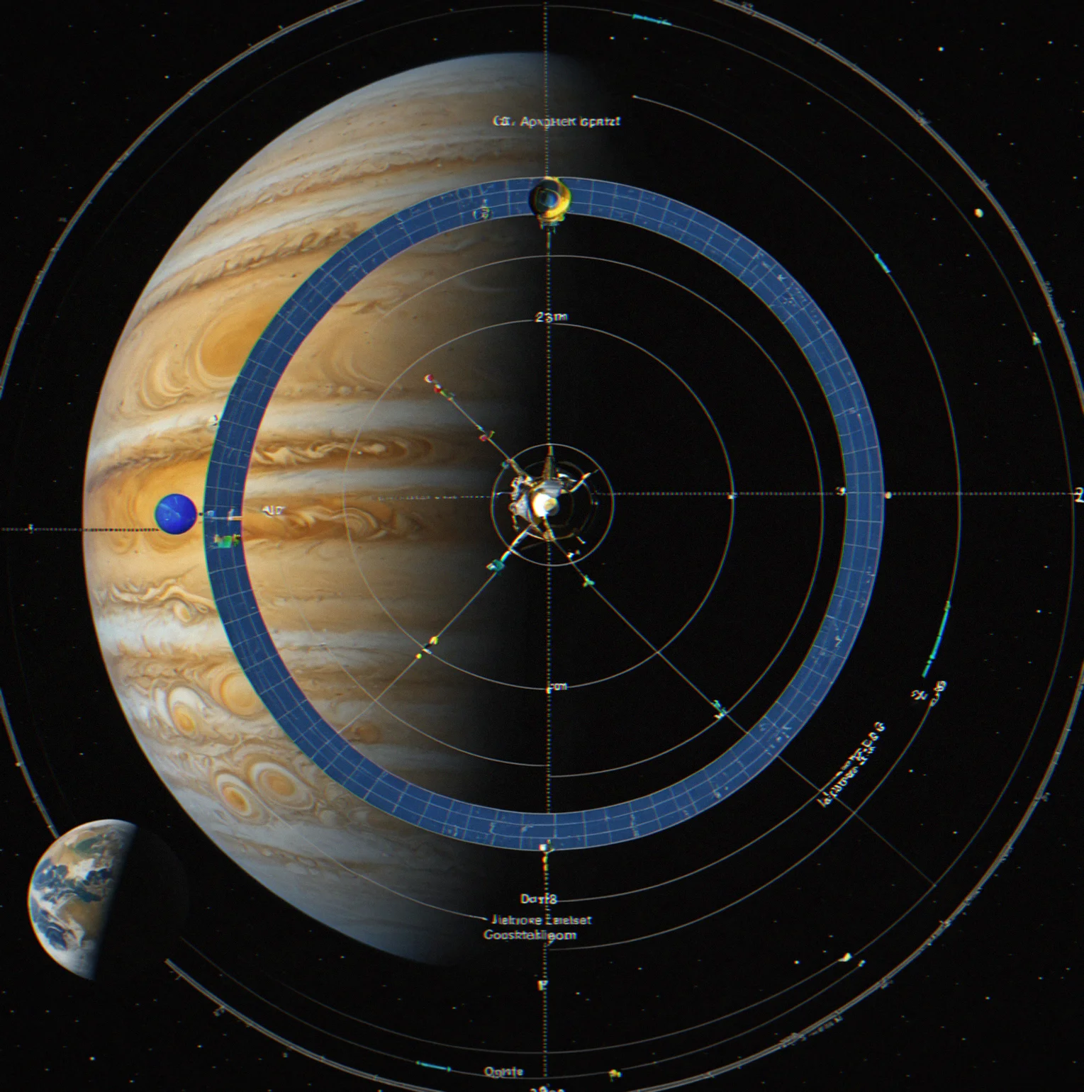Orbital insertion screen with a satellite path around Jupiter. Apogee sits at 250 km, perigee at 180 km. Delta-v readout shows 847 m/s.
