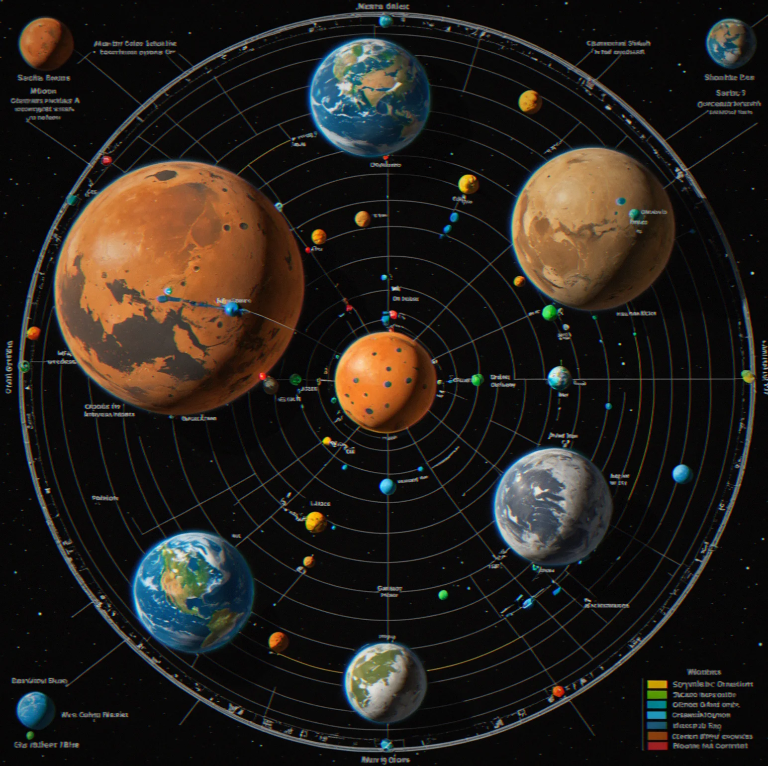 Five-player match map. Satellites spread around Mars, the Moon, and Saturn. Each player's satellites are color-coded with gravitational zones marked out.