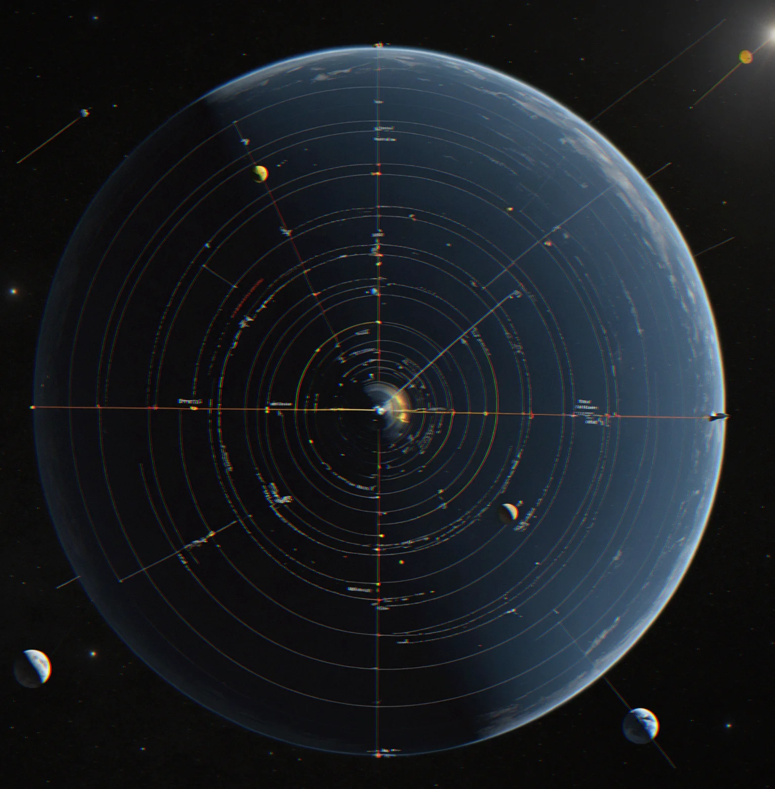 Orbital mechanics dispplay in real-time showing satellite paths around multiple celestial bodies with delta-v readouts